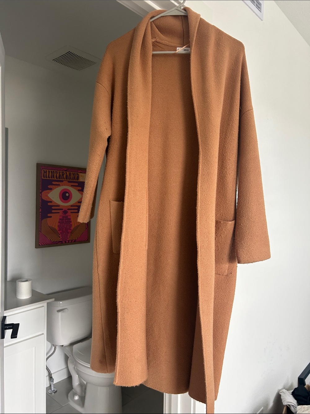 Mango Textured sweater coat in Camel Brown